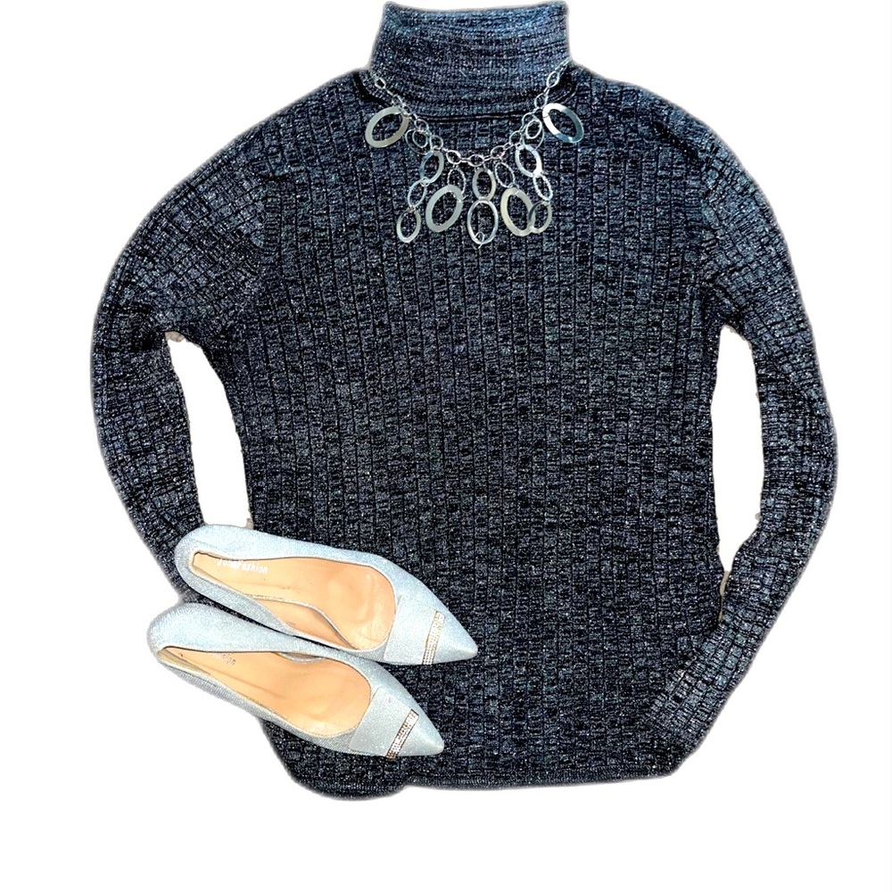 Ashley Stewart Plus Size Silver Black Turtleneck Ruched  Sweater 26
